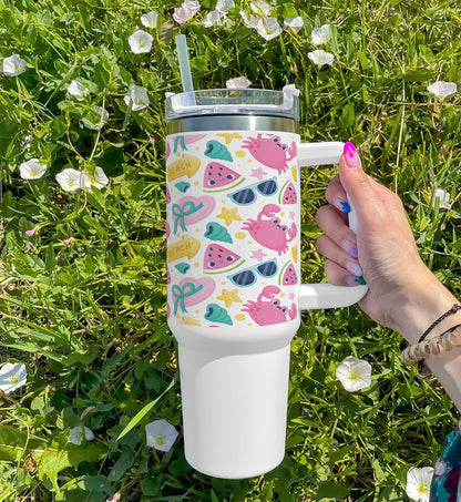 Hand drawn pattern design for summertime Printed 850ML with Lid Leak Proof Big Travel Tumbler with Handle and Straw