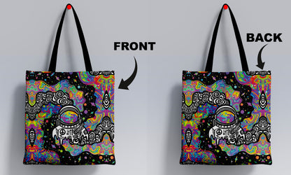 Trippy Astronaut Art Printed Black Handle Tote Bag (14 X 16 Inches) For Shopping, College, Travel