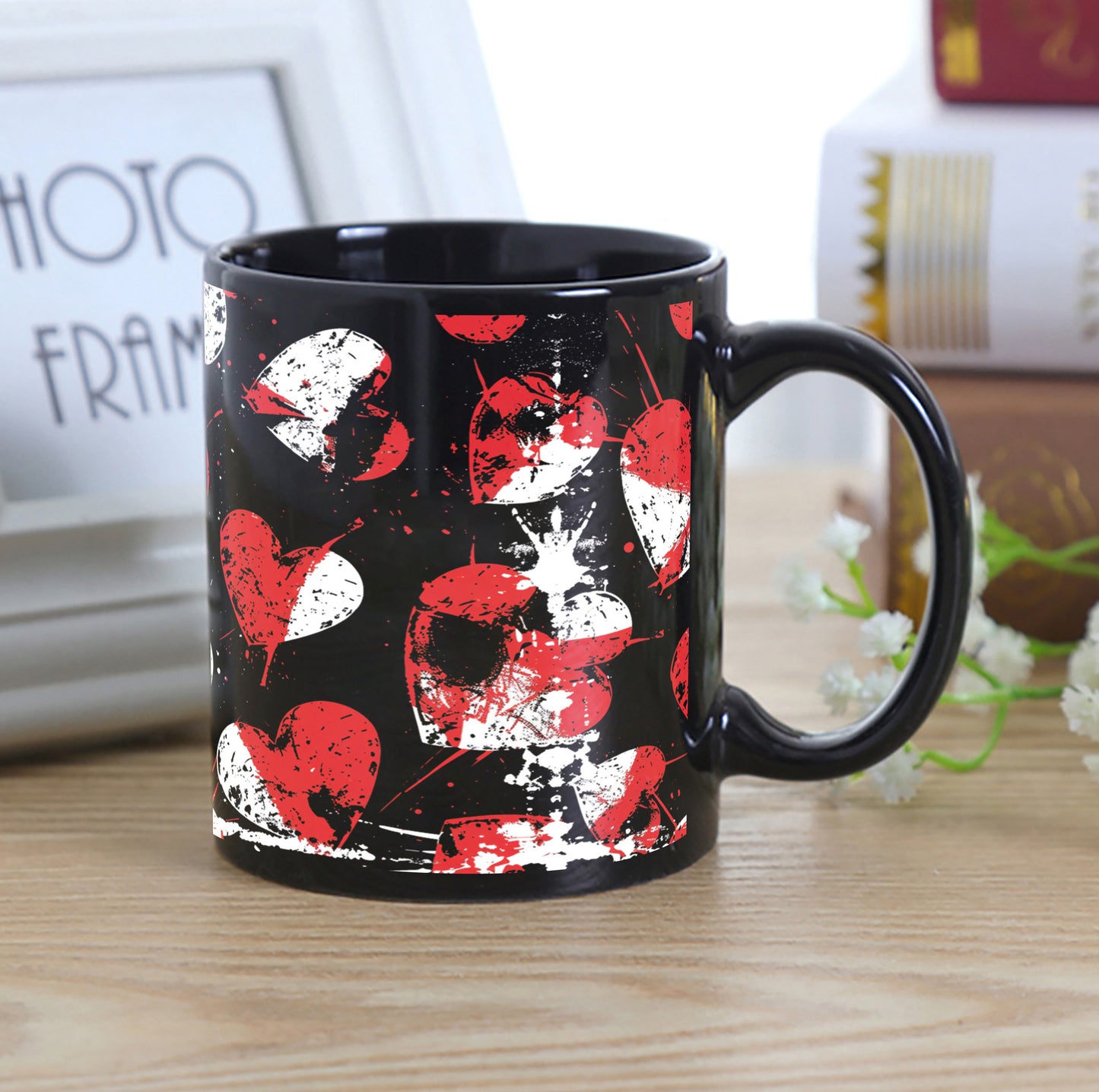 Red and White Stamped Hearts Pattern Combo Mugs and Coaster(Set of 2 Mugs and 2 coasters) 330 ml Full Black Coffee Mug