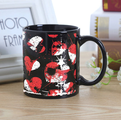 Red and White Stamped Hearts Pattern Combo Mugs and Coaster(Set of 2 Mugs and 2 coasters) 330 ml Full Black Coffee Mug