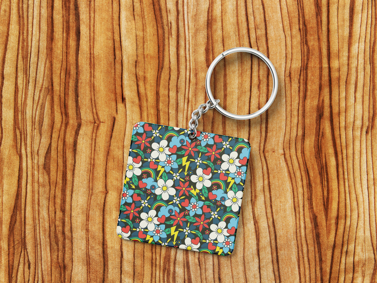 Rainbow and heart Floral Pattern Printed 330 ml White Coffee Mug with Square Shape Wooden Keyring and Chain