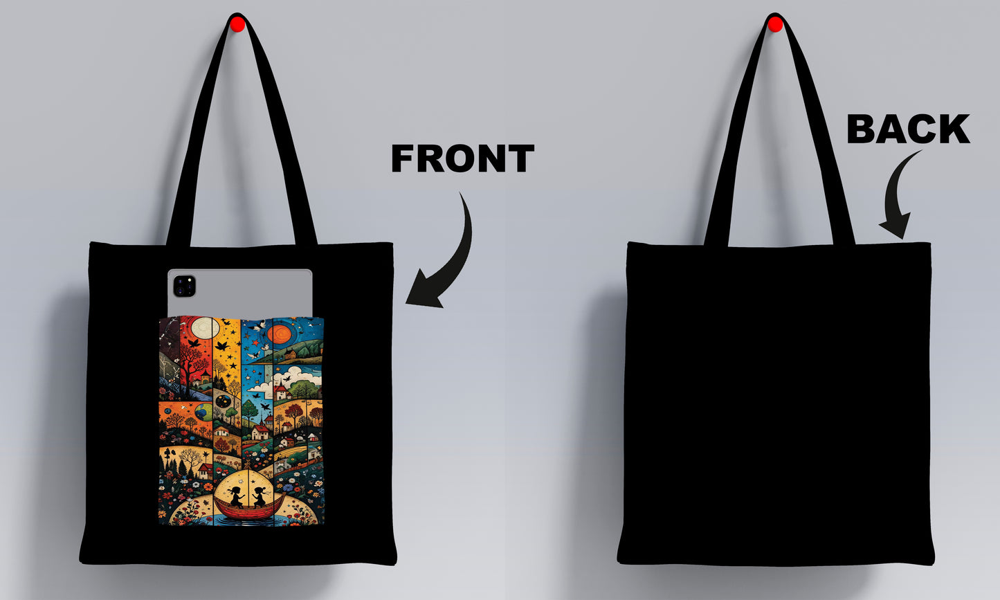 Painting of a person in a boat Design Printed Black Patch With Pocket Tote Bag (14 X 16 Inches) For Shopping, College, Travel