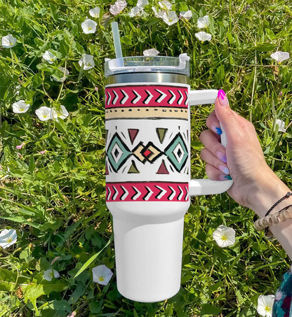 Ethnic Pattern 1 Printed 850ML with Lid Leak Proof Big Travel Tumbler with Handle and Straw