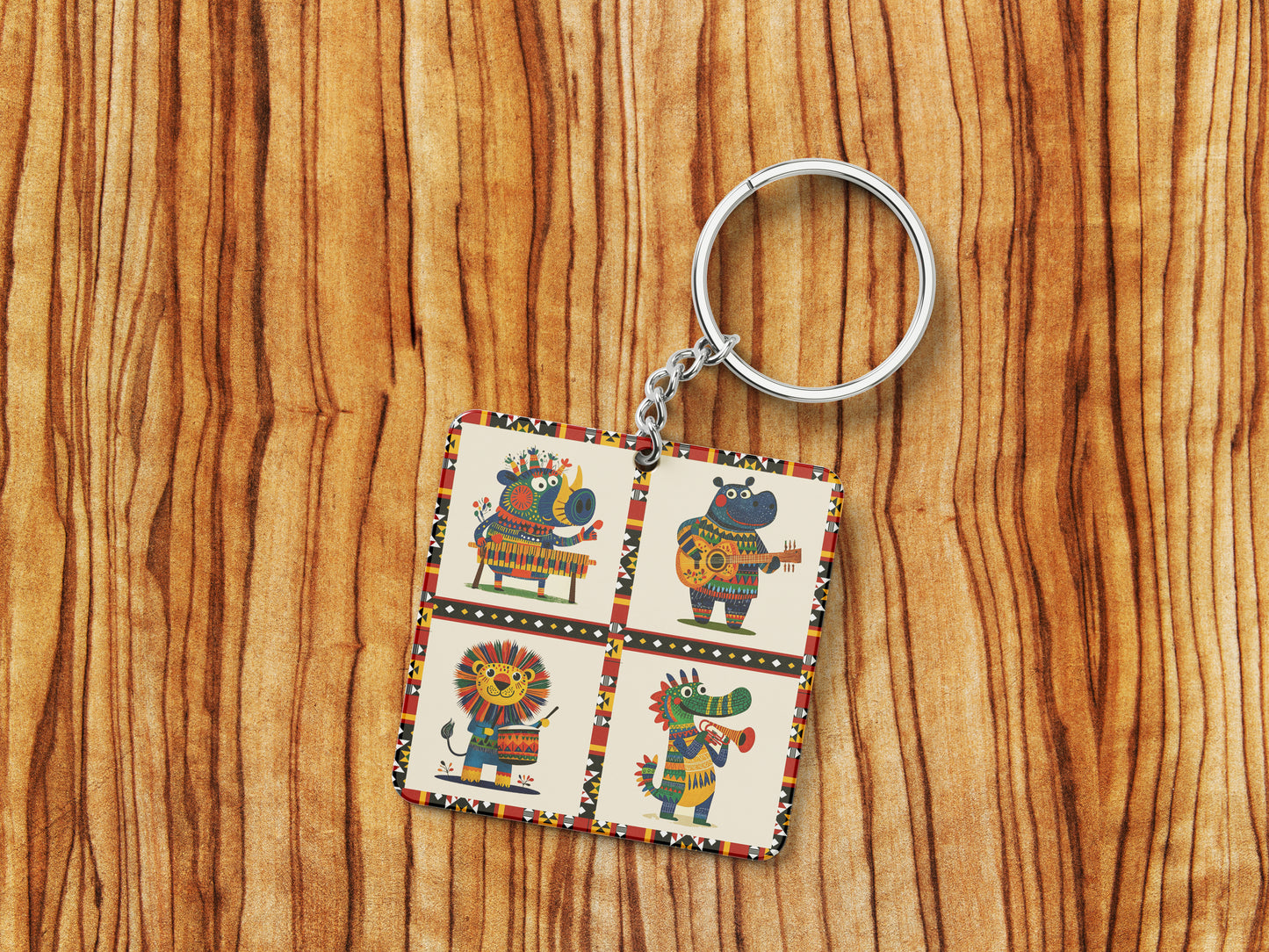 Animals Playing Instruments Pattern Printed 330 ml White Coffee Mug with Square Shape Wooden Keyring and Chain