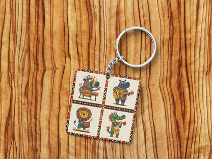 Animals Playing Instruments Pattern Printed 330 ml White Coffee Mug with Square Shape Wooden Keyring and Chain