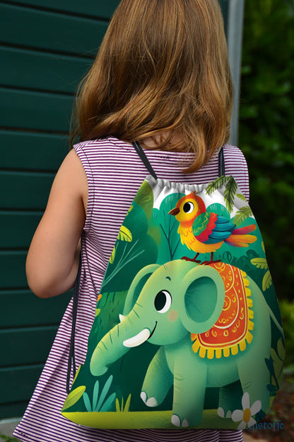 Adventure of Bird and Elephant Pattern Polyester String Backpack Bags for kids for Gym, Yoga, Tuition ,Beach Bag for 4-10 year boys and girls