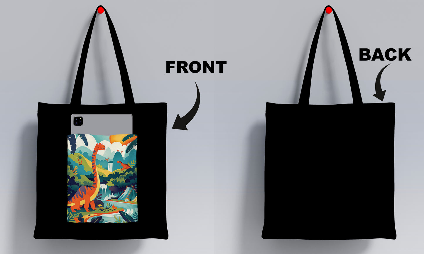 Dinosaur in a jungle vector Art Design Printed Black Patch With Pocket Tote Bag (14 X 16 Inches) For Shopping, College, Travel