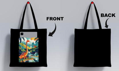Dinosaur in a jungle vector Art Design Printed Black Patch With Pocket Tote Bag (14 X 16 Inches) For Shopping, College, Travel