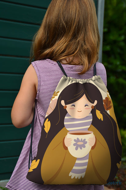 Women Drinking Tea Design Polyester String Backpack Bags for kids for Gym, Yoga, Tuition ,Beach Bag for 4-10 year boys and girls