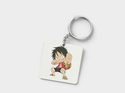 Child Monkey D Luffy Sticker Printed Square Shape Wooden Keyring with Chain