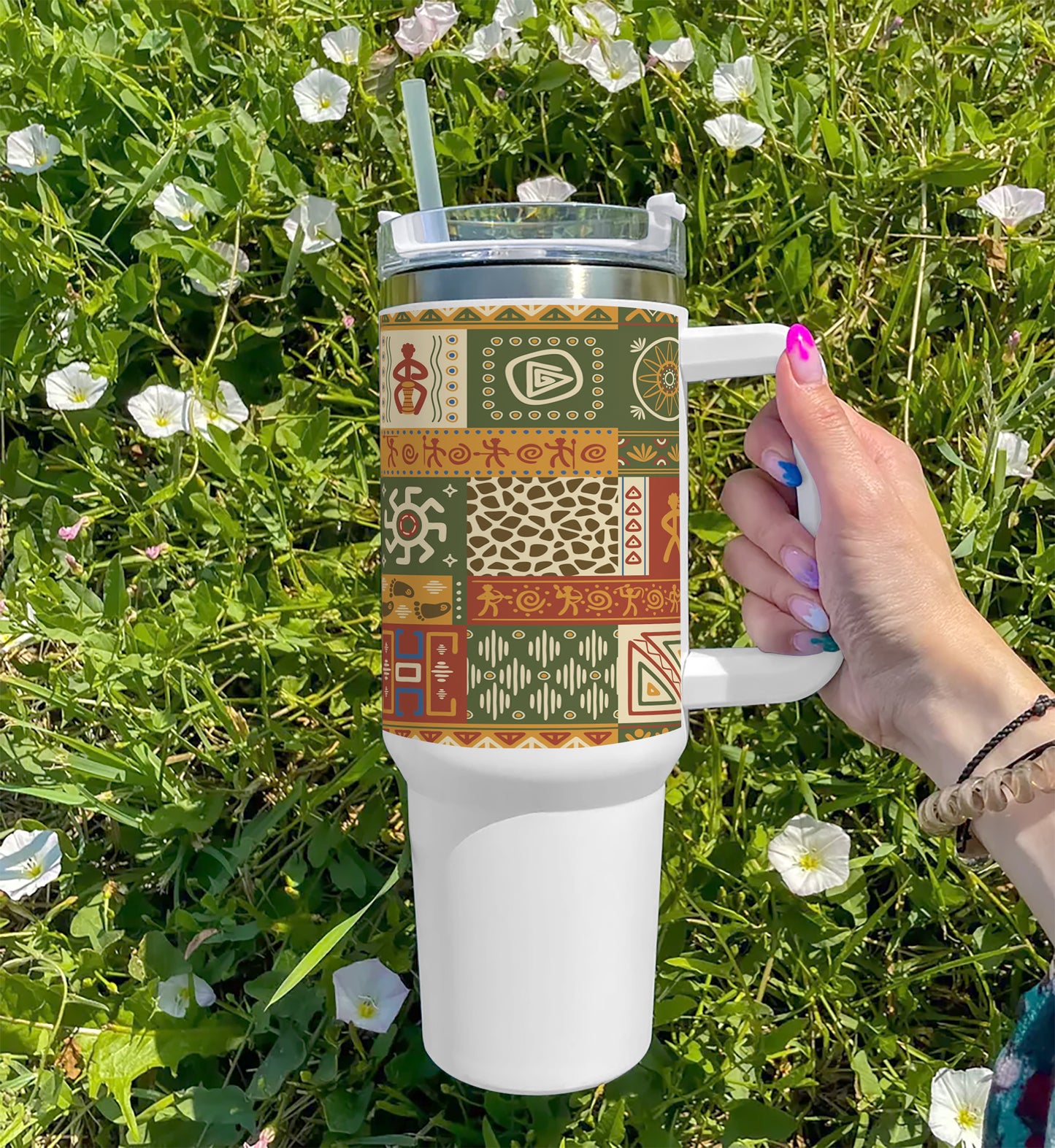 Flat African pattern 3 design Printed 850ML with Lid Leak Proof Big Travel Tumbler with Handle and Straw