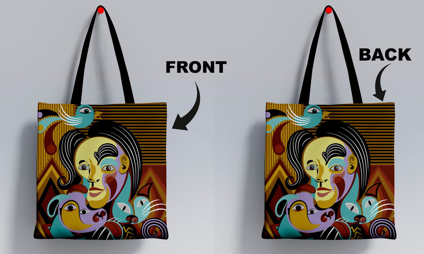 Abstract Portrait Art Style Printed Black Handle Tote Bag (14 X 16 Inches) For Shopping, College, Travel