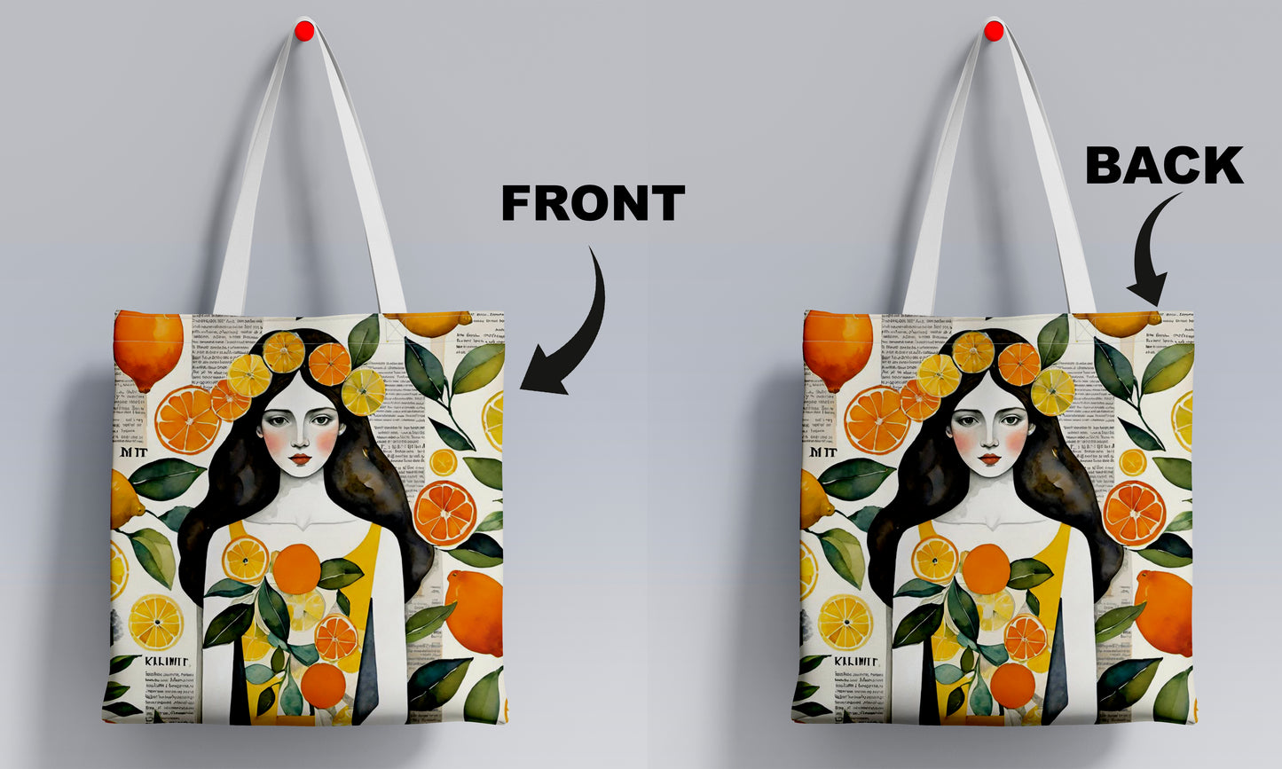 Woman wearing lemon dress Printed Design White Tote Bag (14 X 16 Inches) For Shopping, College, Travel