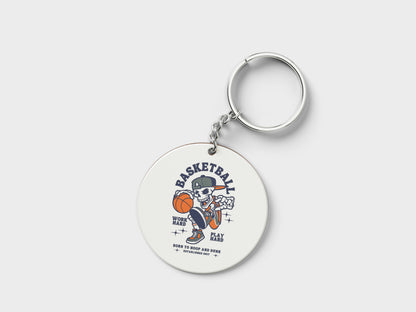 Basketball Skeleton Playing Basketball Halloween Printed Circle Shape Wooden Keyring with Chain