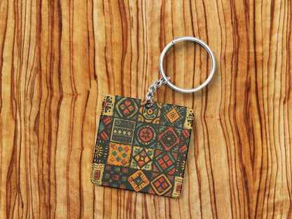 Colorful African Seamless Pattern Printed 330 ml White Coffee Mug with Square Shape Wooden Keyring and Chain