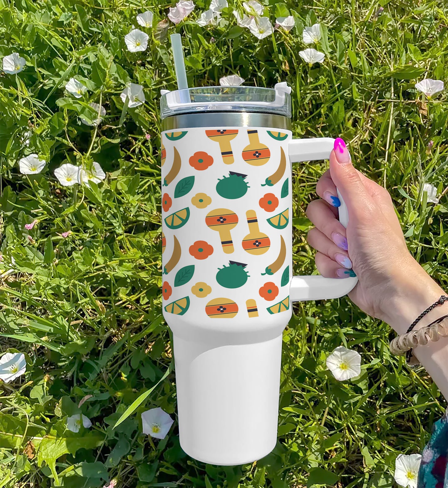 Flat patterns with traditional mexican elements 1 Printed 850ML with Lid Leak Proof Big Travel Tumbler with Handle and Straw