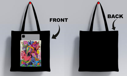 Modern illustration Art Design Printed Black Patch With Pocket Tote Bag (14 X 16 Inches) For Shopping, College, Travel