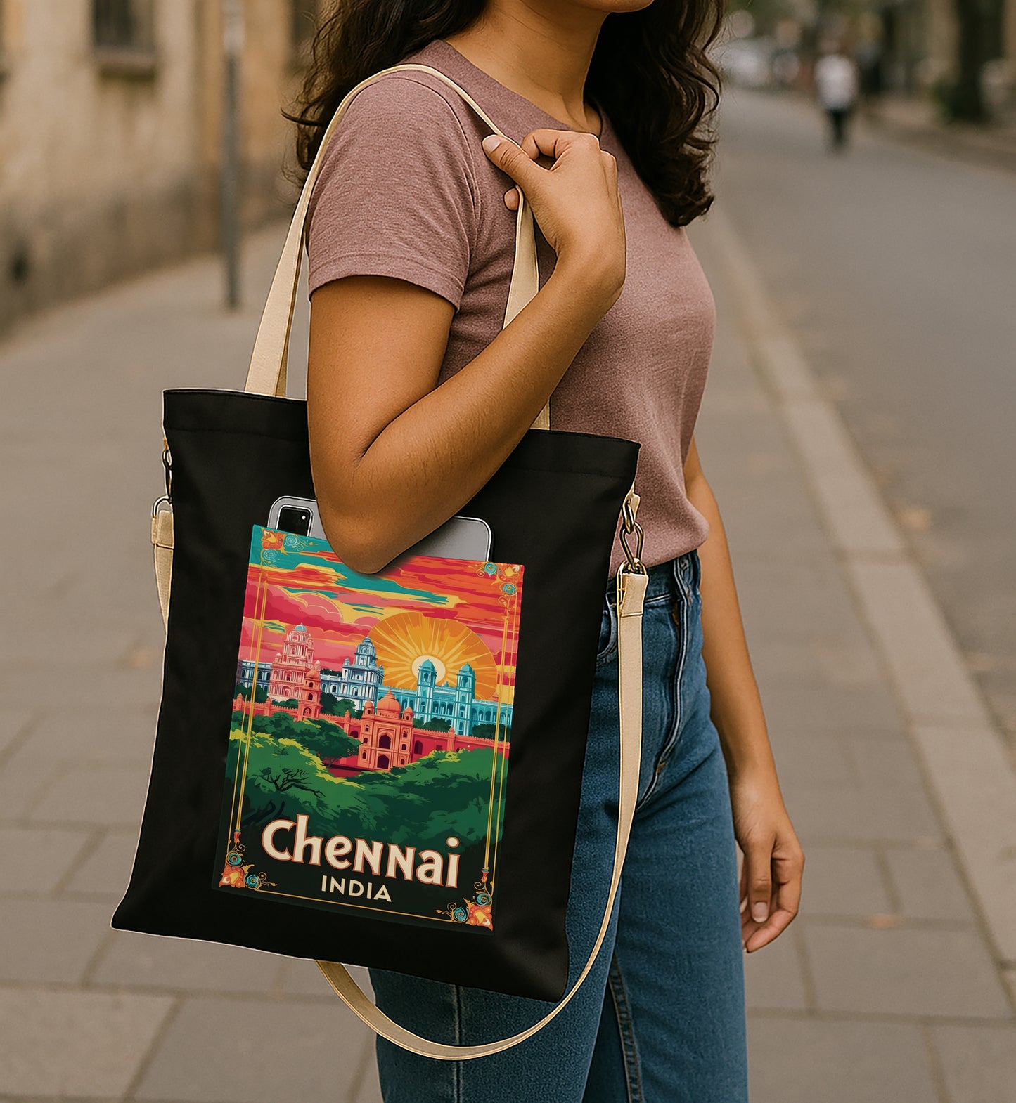 Chennai Printed Women's Girls Cross Body Sling Bag with Extra Front Pocket, College Bag for Girls, Tote Bag for Shopping,Travel
