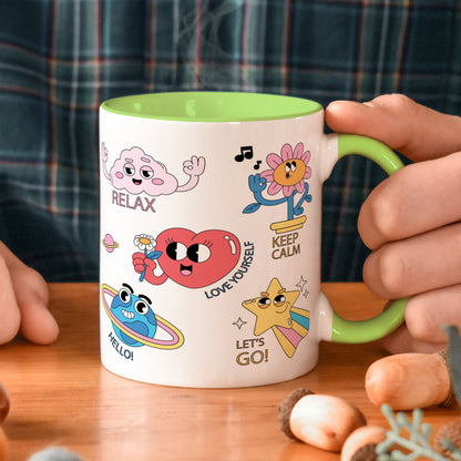 Hand drawn trendy cartoon badges design Light Green Handle 330 ml Coffee Mug
