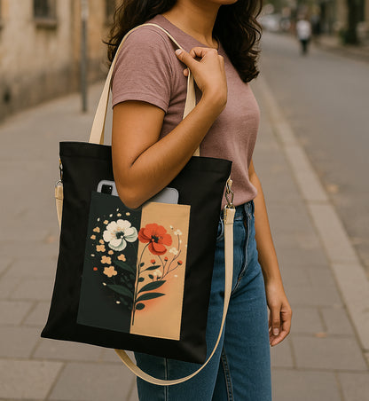 Flower Art 2 Printed Women's Girls Cross Body Sling Bag with Extra Front Pocket, College Bag for Girls, Tote Bag for Shopping,Travel