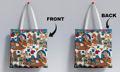 Madhubani Kalamkari Illustration Printed Design White Tote Bag (14 X 16 Inches) For Shopping, College, Travel