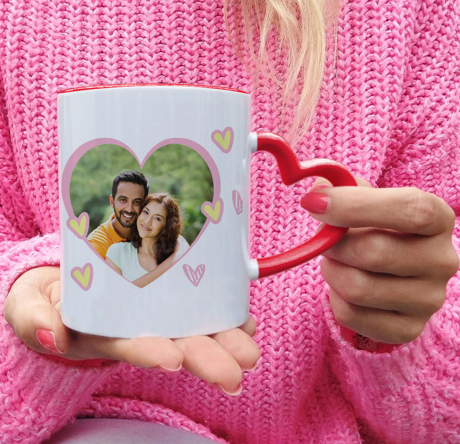Couple Customized Add Two Photos Red Heart Handle 330 ml Coffee Mug