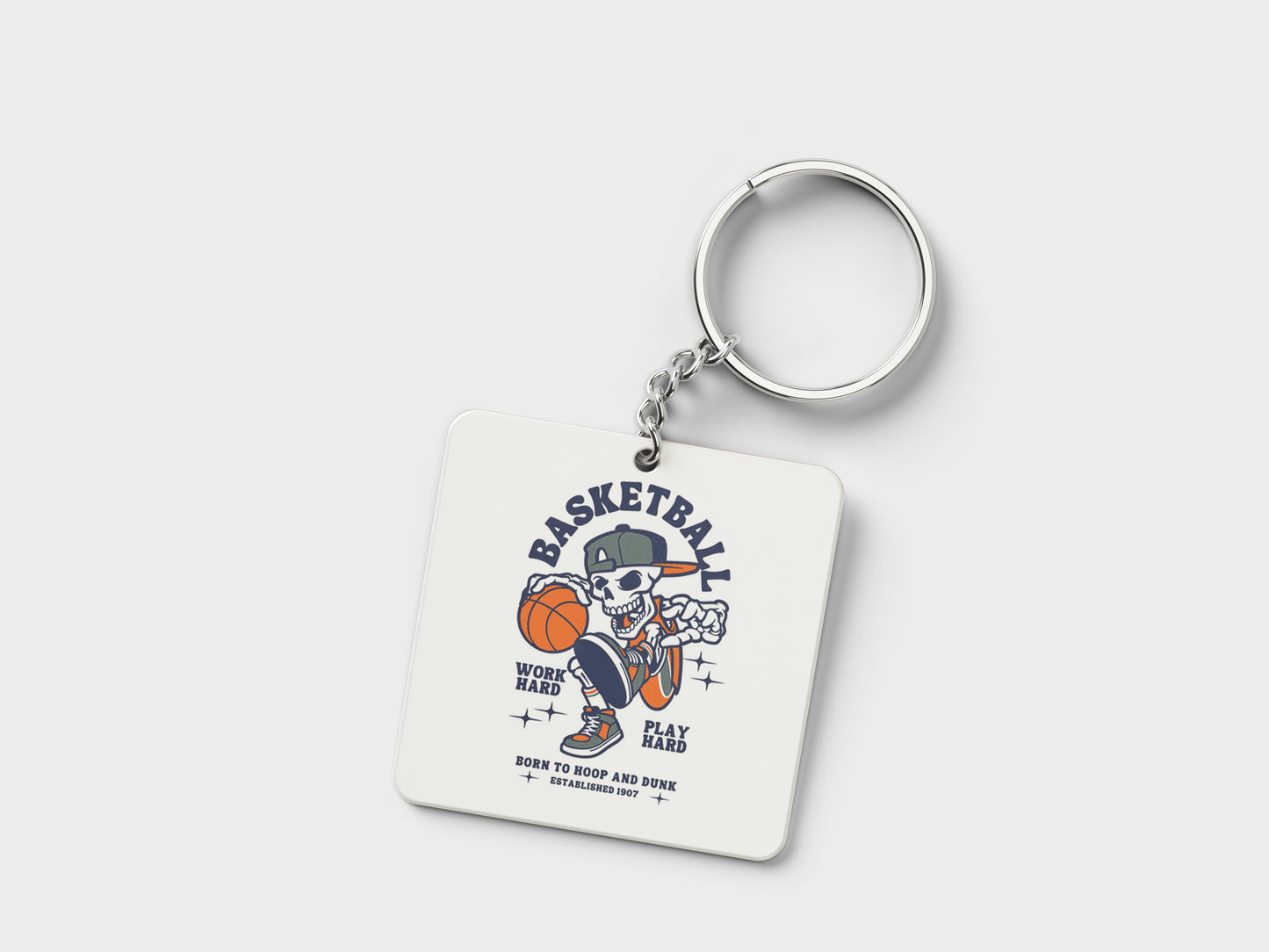 Basketball Skeleton Playing Basketball Halloween Printed Square Shape Wooden Keyring with Chain
