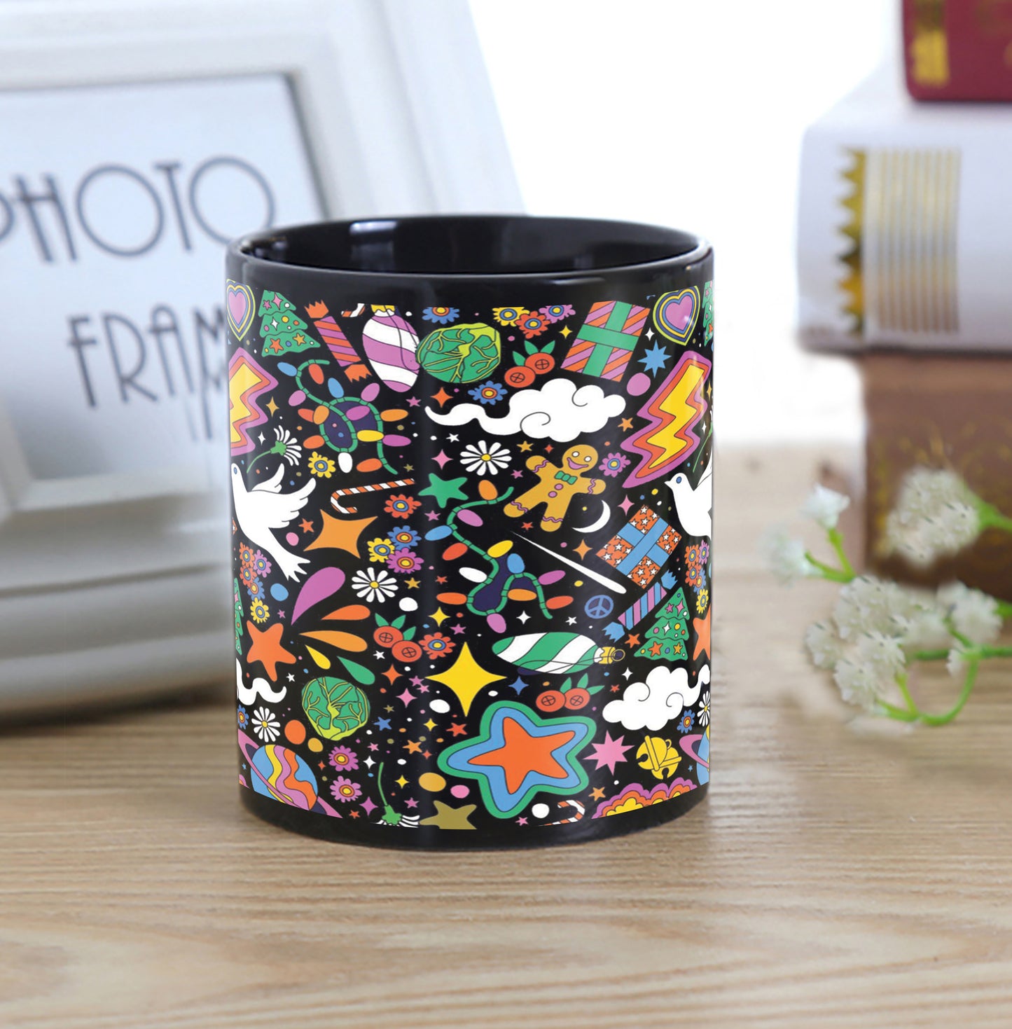Modern Christmas Illustrated pattern Design Full Black 330 ml Coffee Mug with Coaster