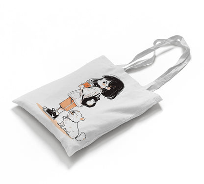Cute girl and dog Design Tote Bag (14 X 16 Inches) Tote bag For Shopping, College, Travel