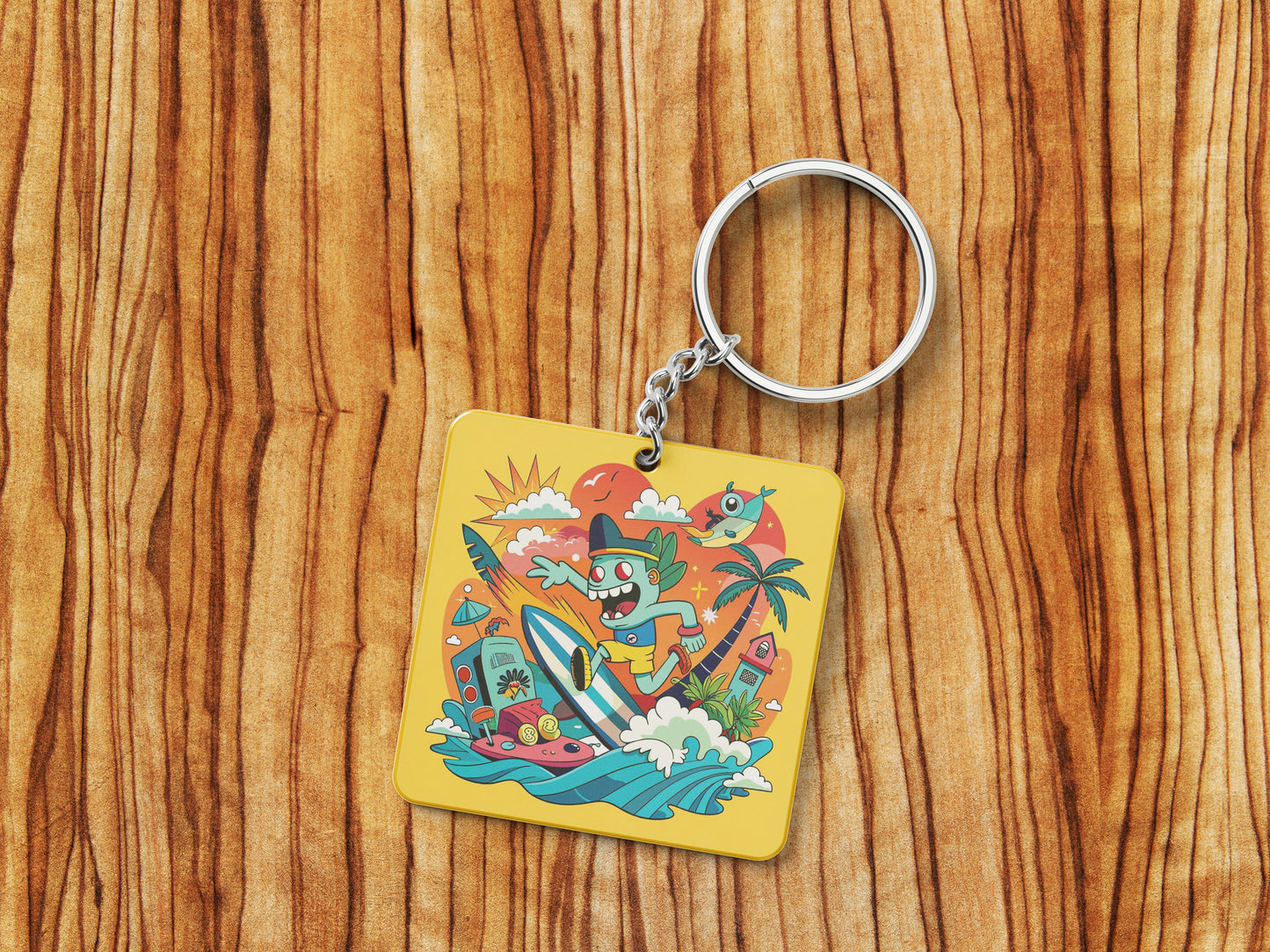 Humorous Pop Culture Pattern Printed 330 ml White Coffee Mug with Square Shape Wooden Keyring and Chain