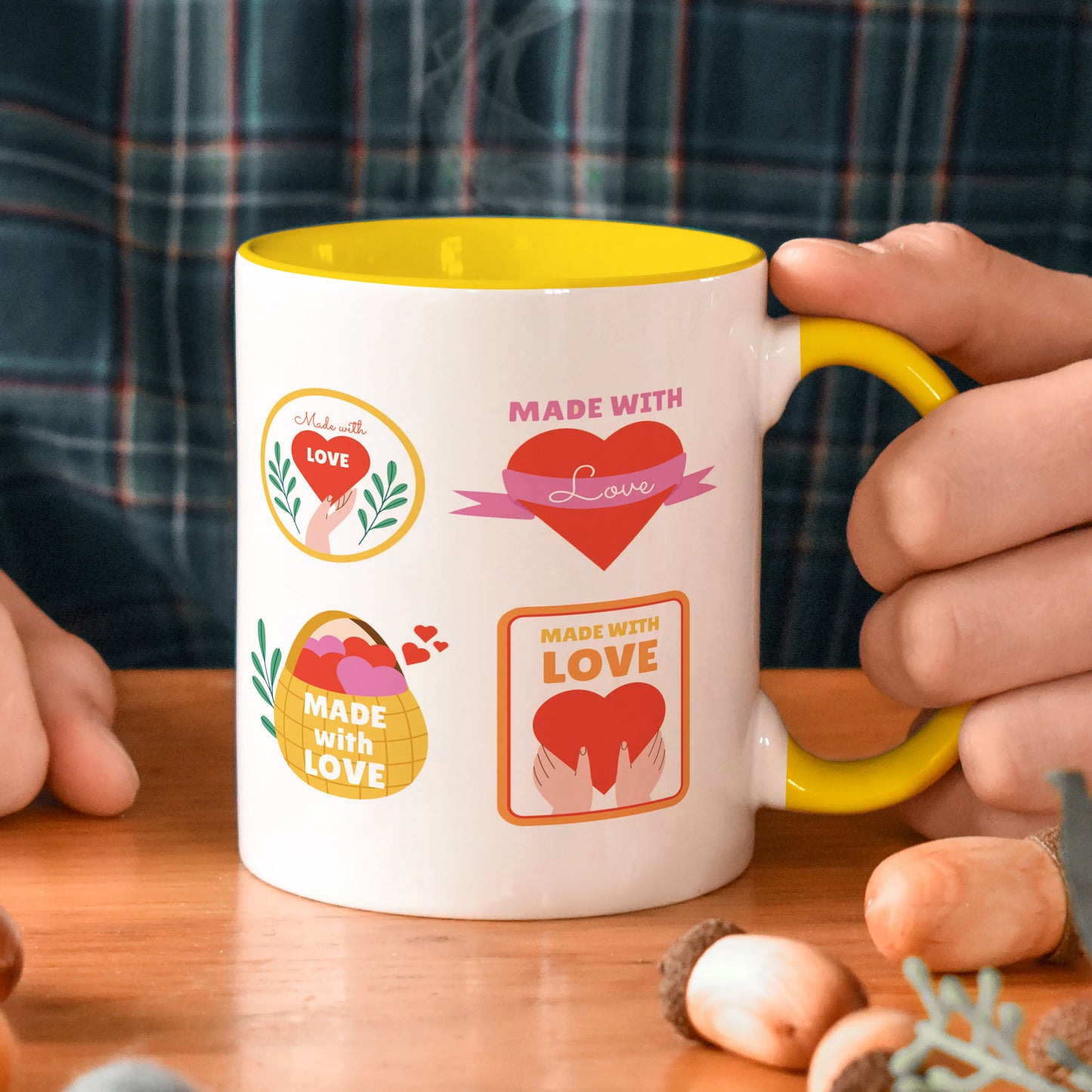 Hand drawn made with love floral label design Yellow Handle 330 ml Coffee Mug