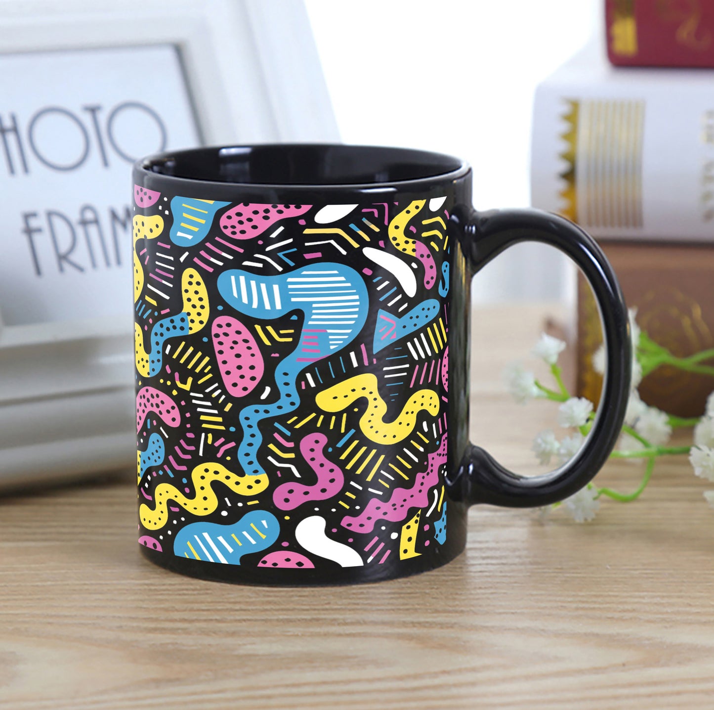 90s neon Abstract Shapes Combo Mugs and Coaster(Set of 2 Mugs and 2 coasters) 330 ml Full Black Coffee Mug
