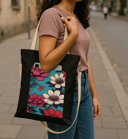 Flower black patch 2 Printed Women's Girls Cross Body Sling Bag with Extra Front Pocket, College Bag for Girls, Tote Bag for Shopping,Travel