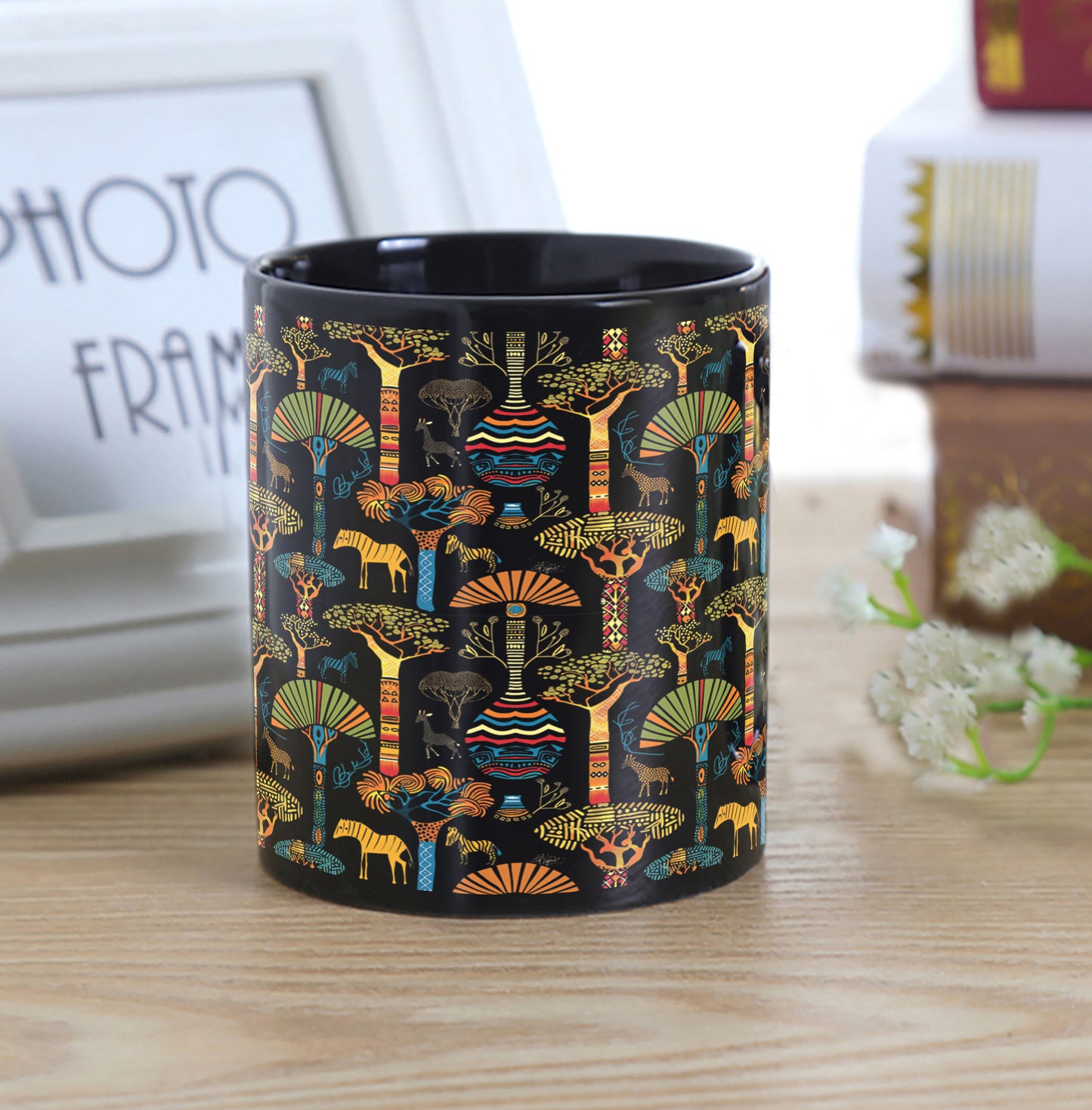 Tree and Animals African Pattern Design Full Black 330 ml Coffee Mug with Coaster
