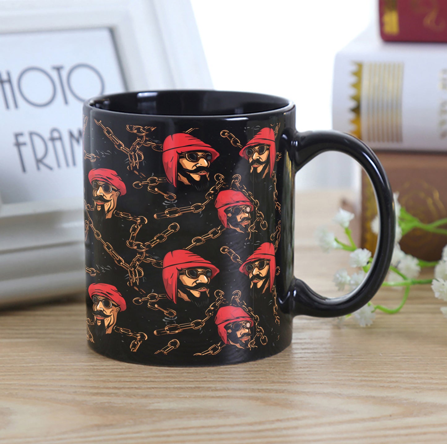Pirate Chain Pattern Combo Mugs and Coaster(Set of 2 Mugs and 2 coasters) 330 ml Full Black Coffee Mug