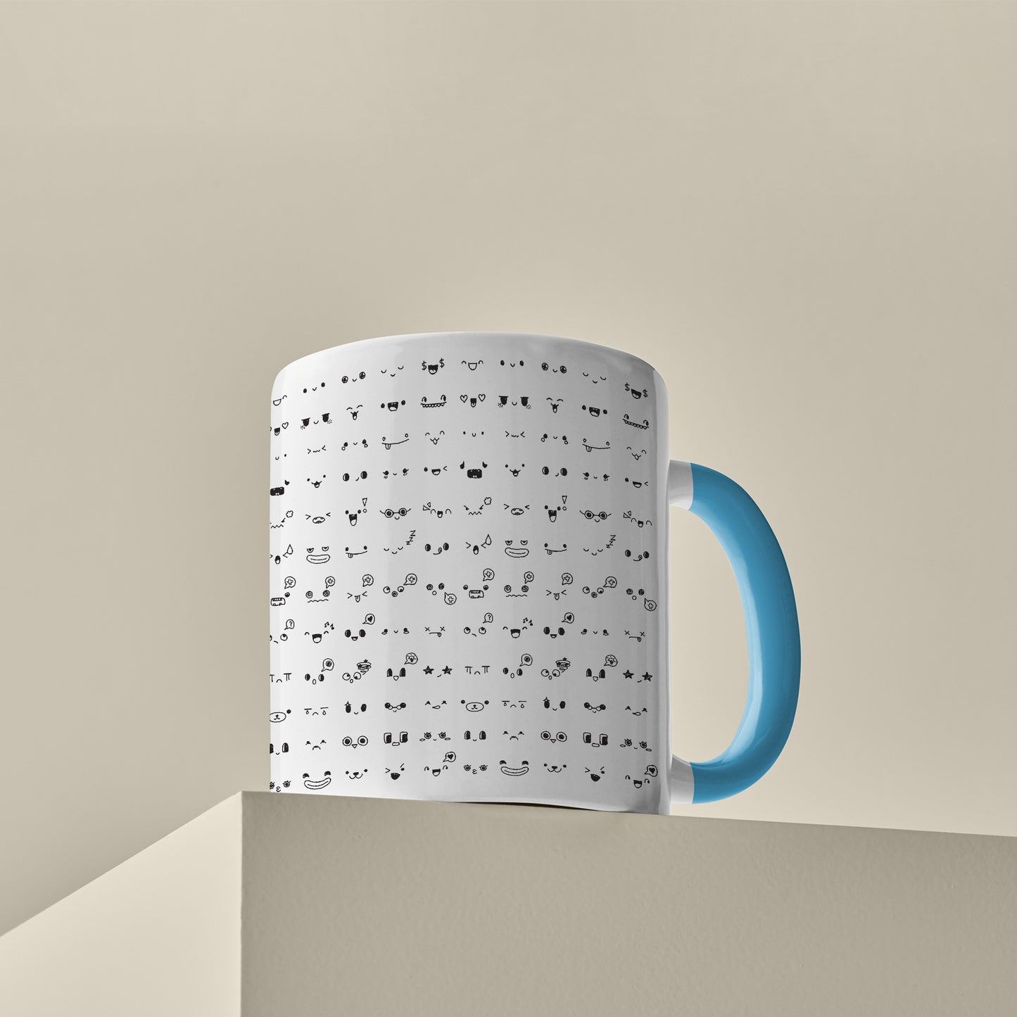 Kawaii faces doodle art design Pattern Sky Blue Handle 330 ml Coffee Mug