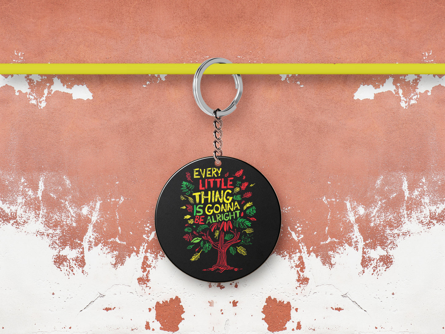 EVERY LITTLE THING IS GONNA BE ALRIGHT Printed Round Circle Shape Wooden Keyring with Chain