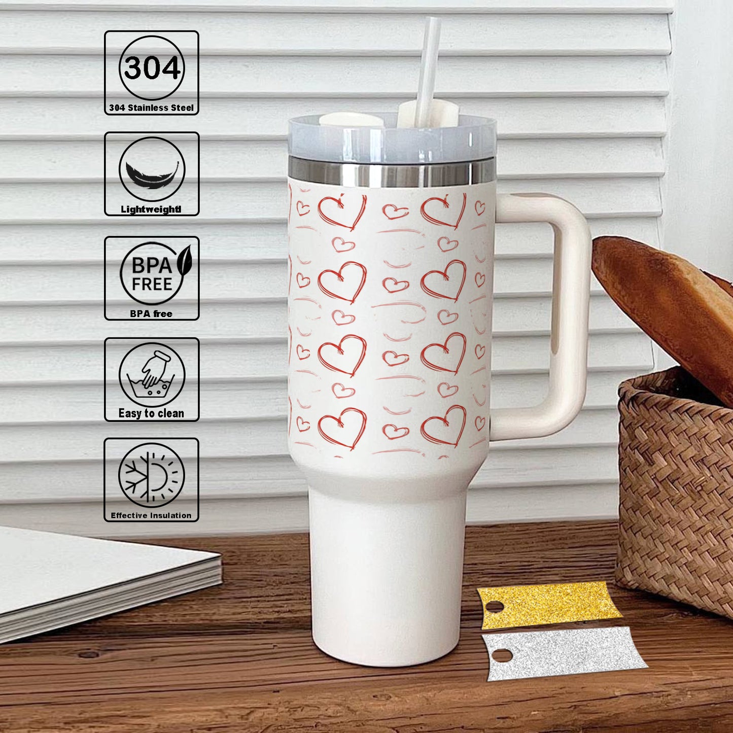 Sketchy hearts pattern Printed 850ML with Lid Leak Proof Big Travel Tumbler with Handle and Straw