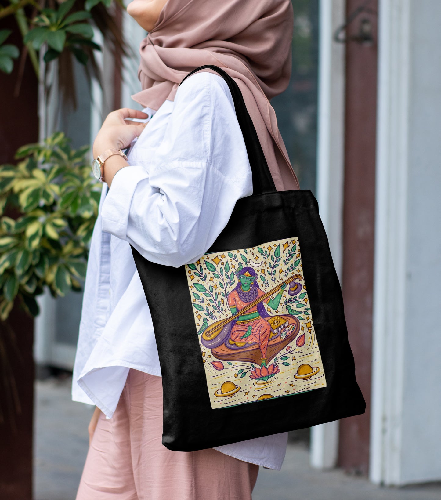 Indian Bengal Folk Art Design Printed Black Patch With Pocket Tote Bag (14 X 16 Inches) For Shopping, College, Travel