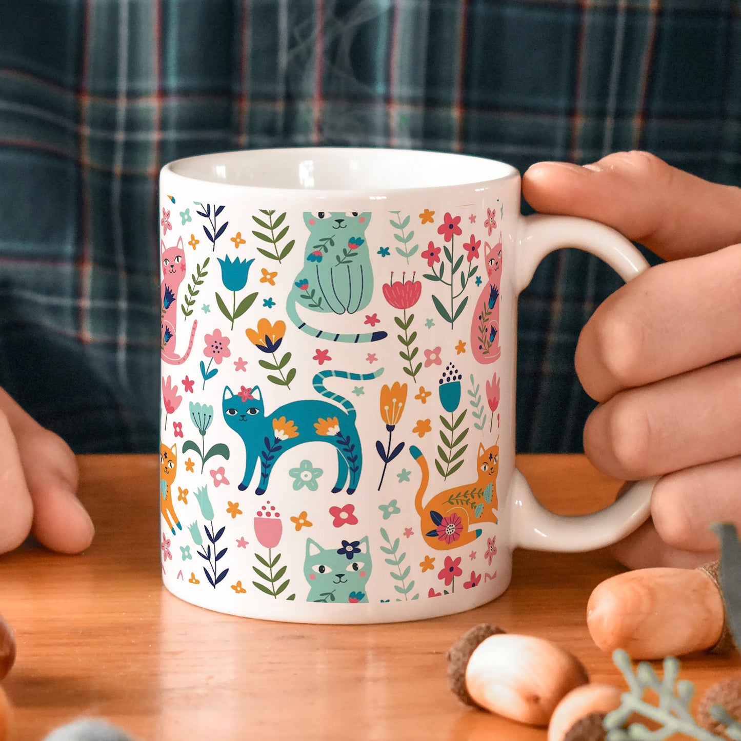 Vector seamless pattern with flowers and cats Cute Flower  White 330 ml Coffee Mug