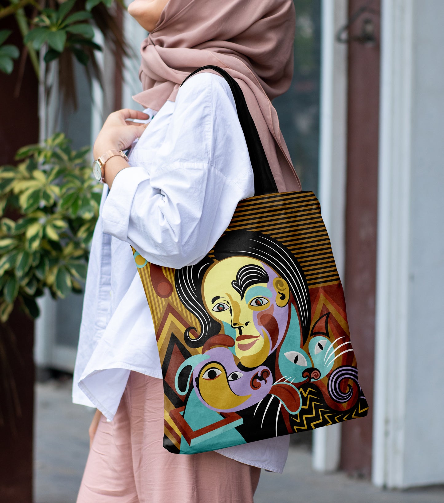 Abstract Portrait Art Style Printed Black Handle Tote Bag (14 X 16 Inches) For Shopping, College, Travel