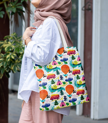 Animals explore the world seamless pattern Printed Design White Tote Bag (14 X 16 Inches) For Shopping, College, Travel