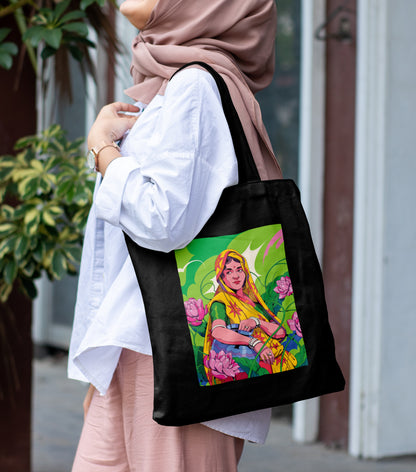 Vibrant Digital illustrations Design Printed Black Patch With Pocket Tote Bag (14 X 16 Inches) For Shopping, College, Travel