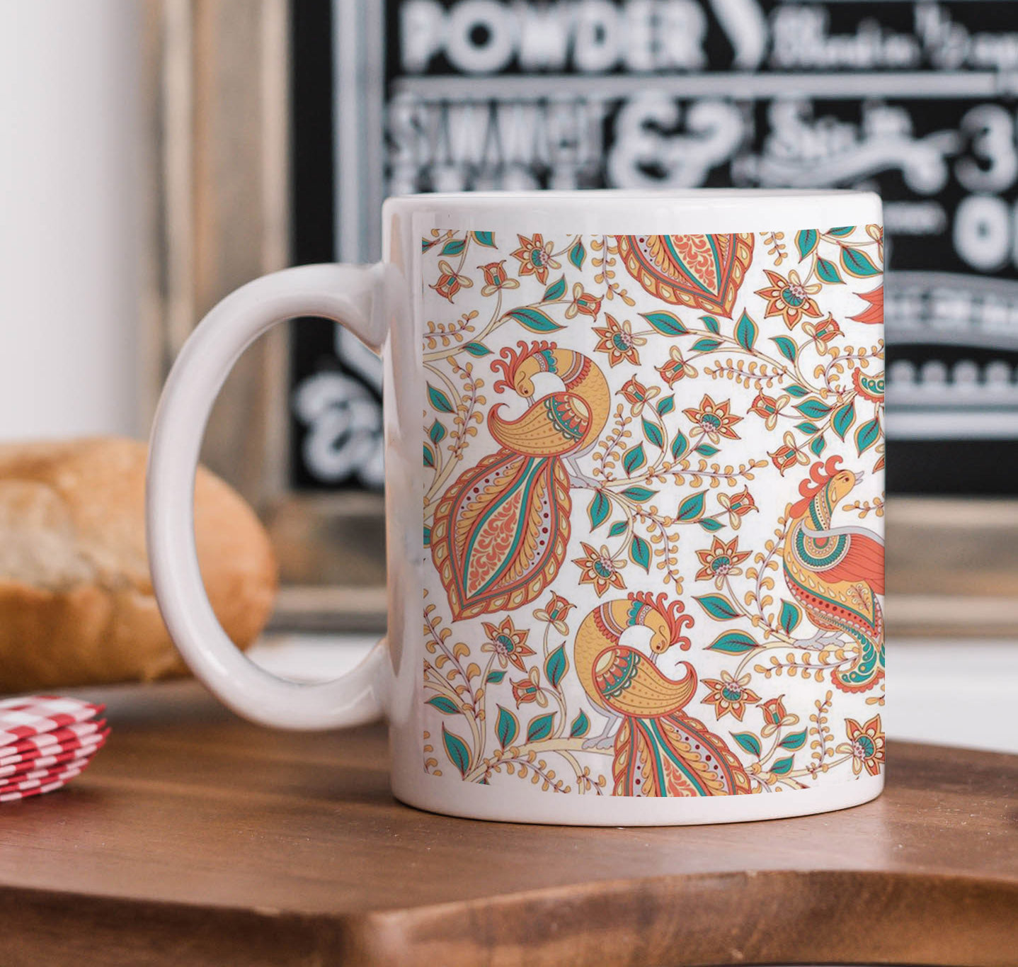 Kalamkari Style Seamless Pattern Mug and Coaster 330 ml Coffee Mug