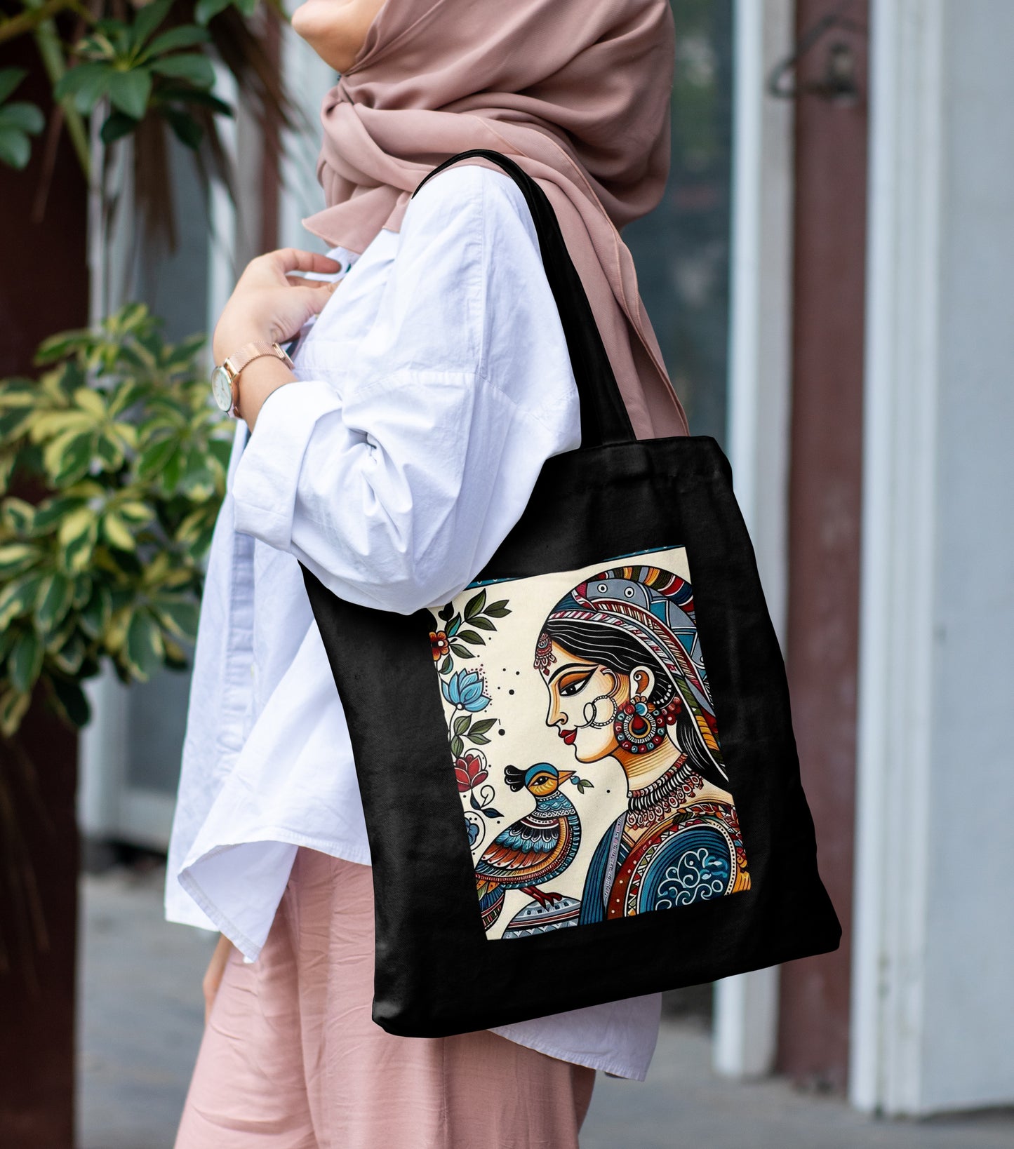 Modern Mandala Art Design Printed Black Patch With Pocket Tote Bag (14 X 16 Inches) For Shopping, College, Travel