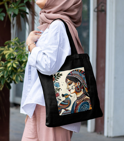 Modern Mandala Art Design Printed Black Patch With Pocket Tote Bag (14 X 16 Inches) For Shopping, College, Travel