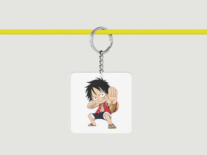 Child Monkey D Luffy Sticker Printed Square Shape Wooden Keyring with Chain