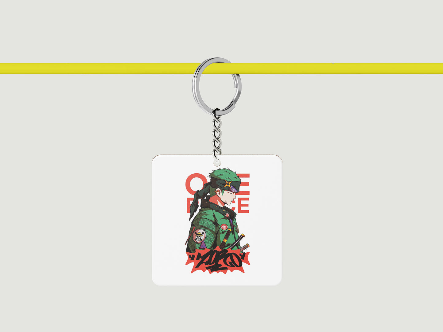 ZORO One Piece Streetwear_ Essential Printed Square Shape Wooden Keyring with Chain