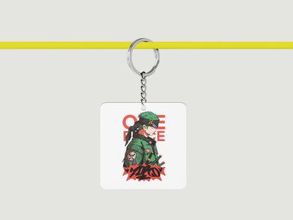 ZORO One Piece Streetwear_ Essential Printed Square Shape Wooden Keyring with Chain