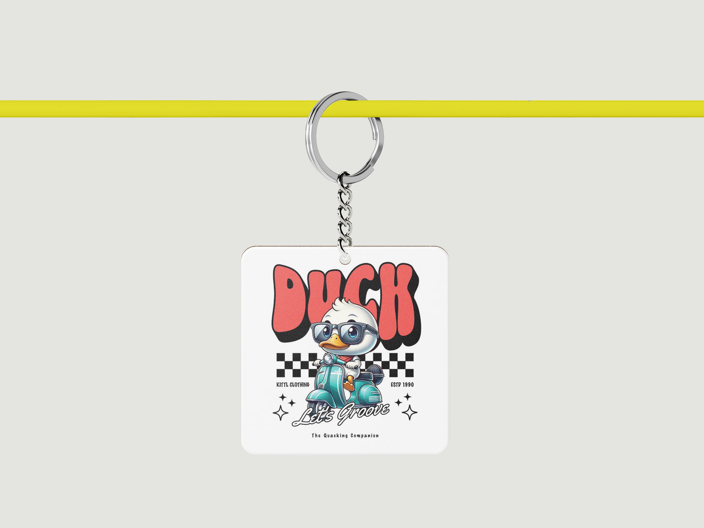 Duck - Lets Groove Design Printed Square Shape Wooden Keyring with Chain